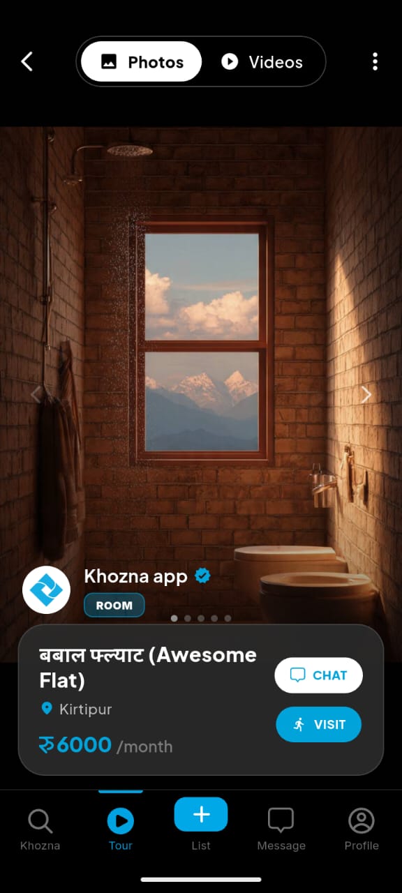 Khozna Tour feed showing video walkthrough of a rental property